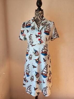 Sourpuss Light Blue Nautical Print Dress with Red Buttons